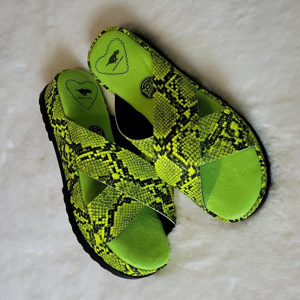 Rocket Dog Neon Rave Green Y2K Faux Snakeskin Chunky Fun Summer Platforms